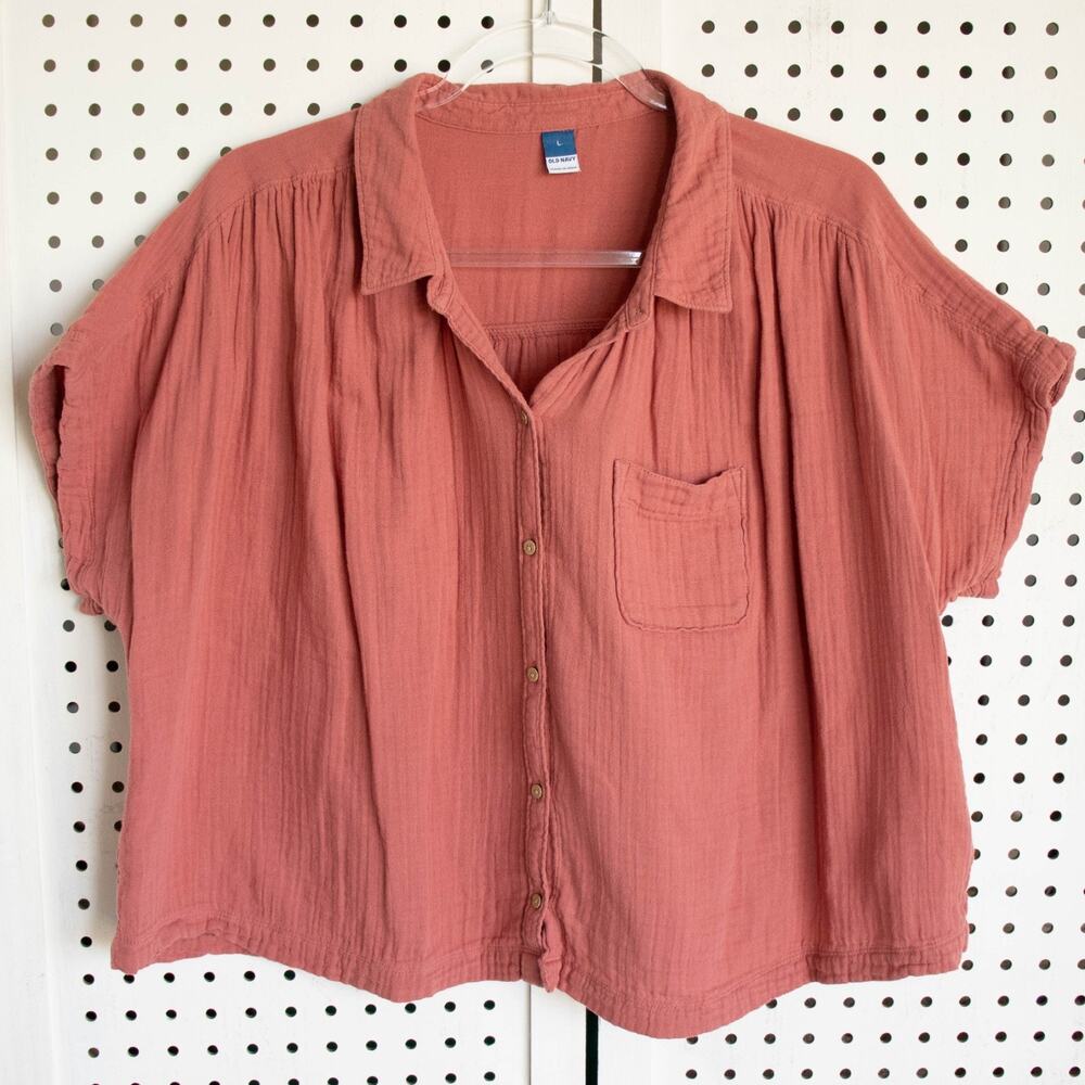 Old Navy Womens SIZE L Spice Girl Red Cropped Boxy Gauze Button Front Shirt